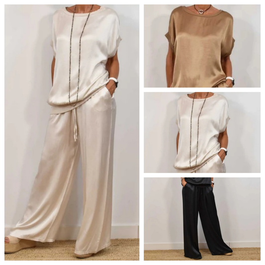 Zweiteiliges Set für Damen aus Satin mit Kurzarm-Oberteil und Hose