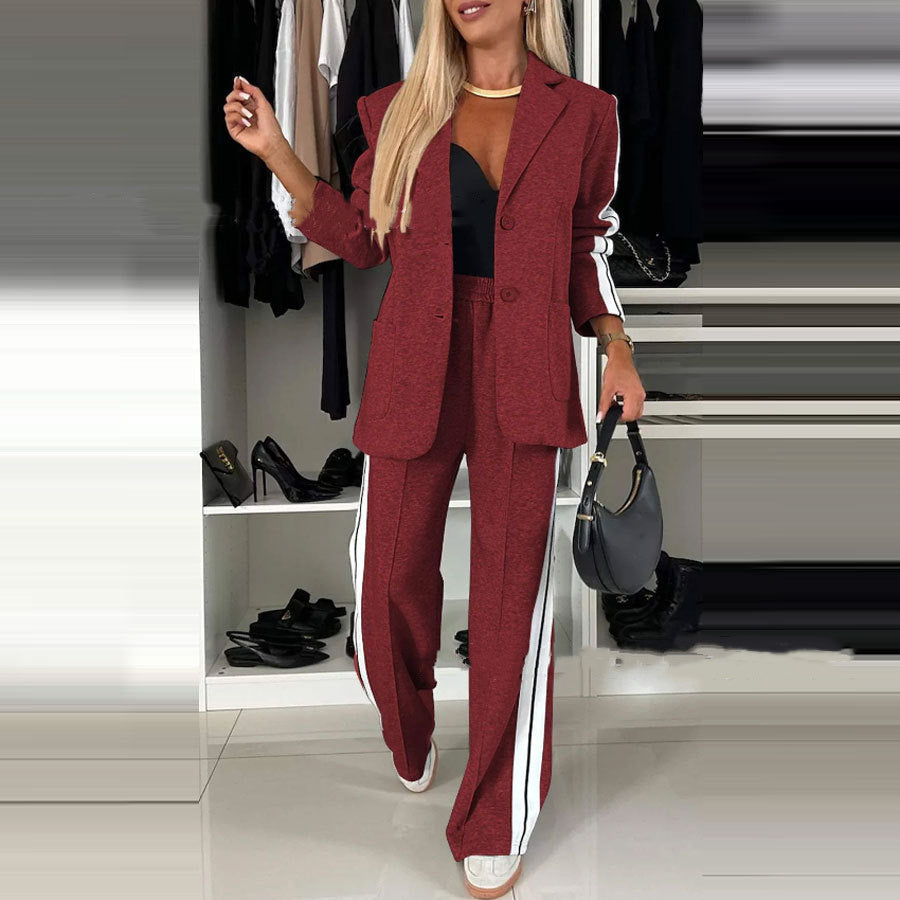 Sporty Patchwork Lapel Blazer and Elastic Waist Pocket Loose Pants Set