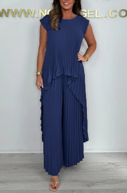 Pleated Two-Piece Set – High-Low Top & Wide-Leg Trousers Casual Outfit
