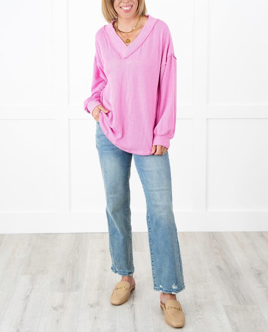 Gerippte Langarm-V-Ausschnitt-Pullover für Damen (2 kaufen, kostenloser Versand)