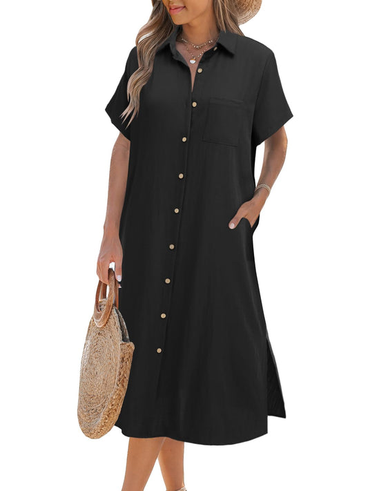 Damen Kurzarm-Hemdblusenkleid (2 kaufen, Versand gratis)