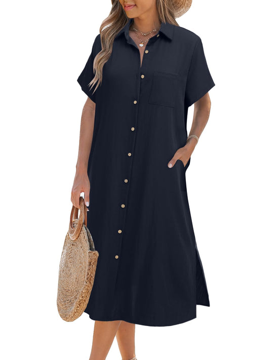 Damen Kurzarm-Hemdblusenkleid (2 kaufen, Versand gratis)