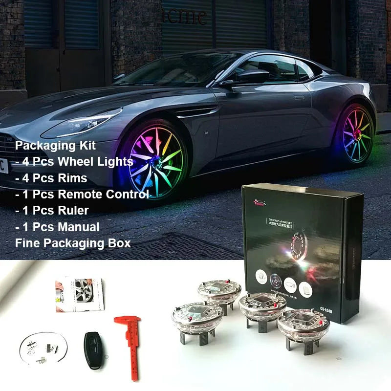 4PCS Universal RGB LED Car Wheel Hub Lights – Solar & Remote Control