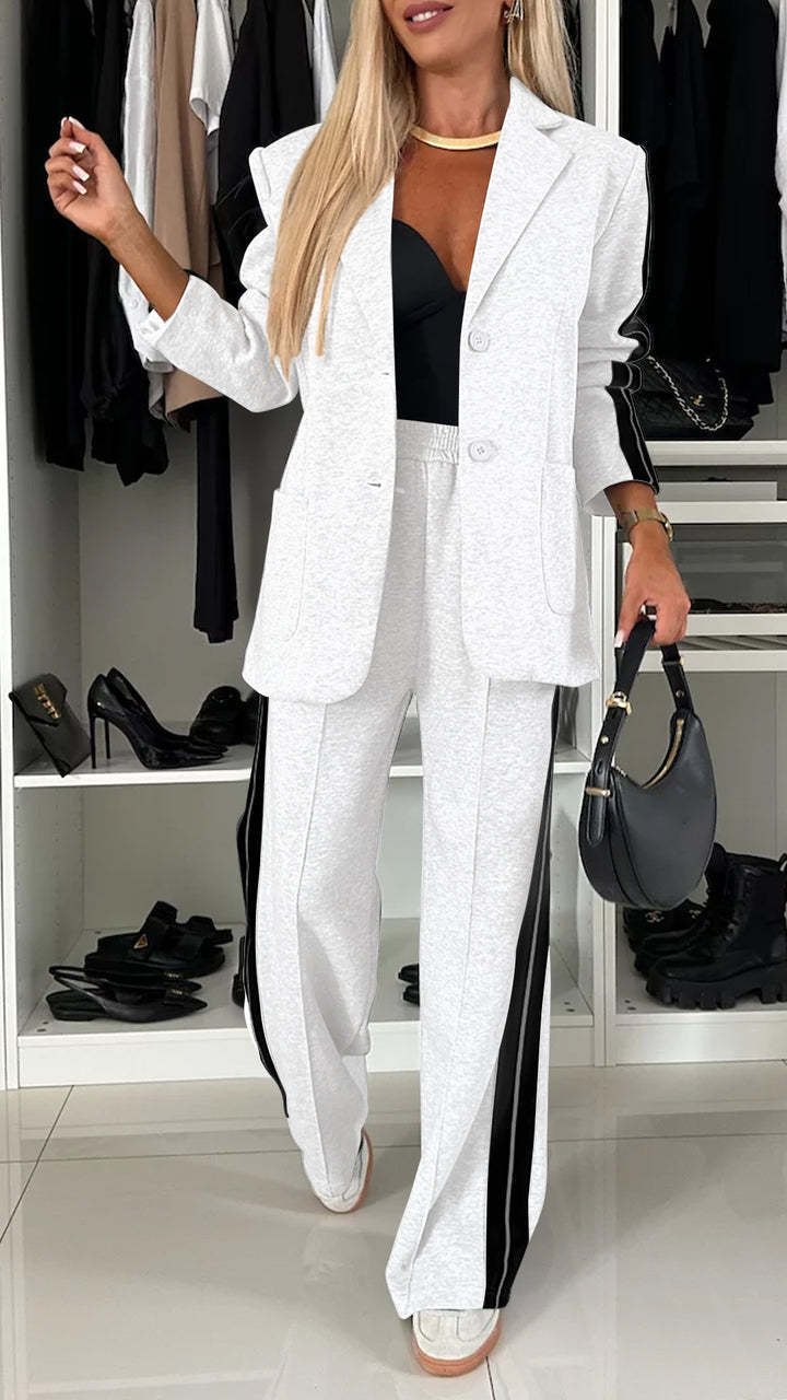 Sporty Patchwork Lapel Blazer and Elastic Waist Pocket Loose Pants Set
