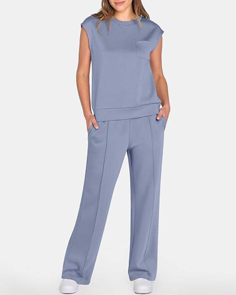 Women's Solid Tank Top & Drawstring Waist Wide Leg Pants Two-piece Set