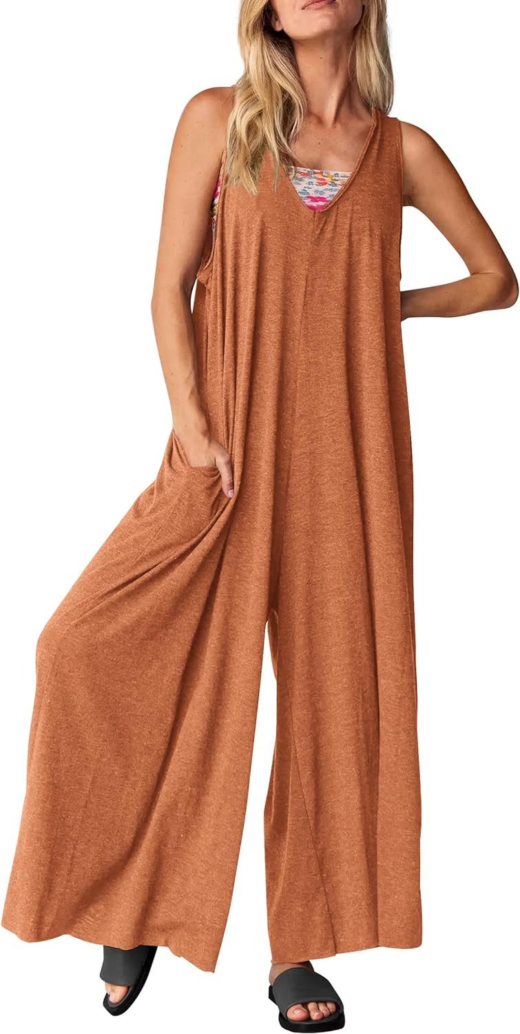 Damen Freizeit Overall Jumpsuit Ärmellos Tank V-Ausschnitt Weites Bein Locker Einteiler Strampler