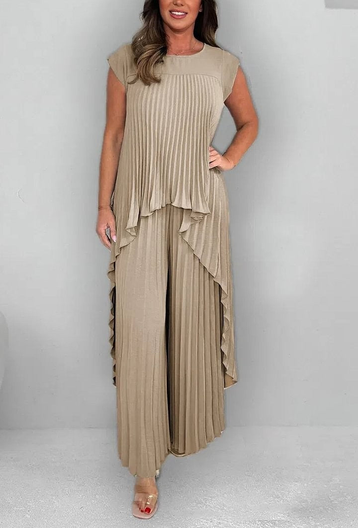 Pleated Two-Piece Set – High-Low Top & Wide-Leg Trousers Casual Outfit