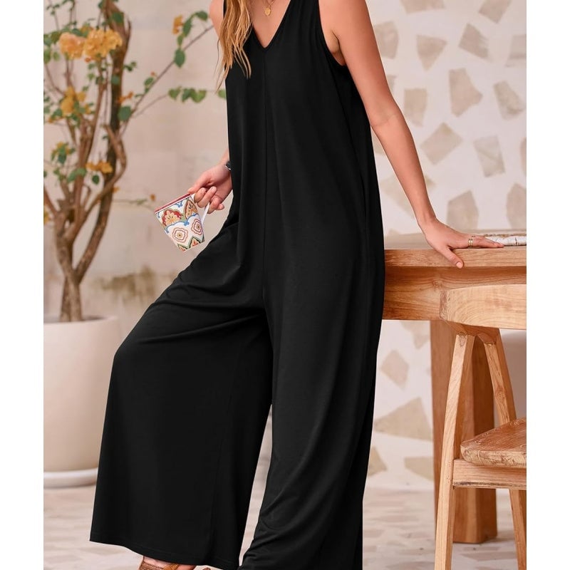 Damen Freizeit Overall Jumpsuit Ärmellos Tank V-Ausschnitt Weites Bein Locker Einteiler Strampler
