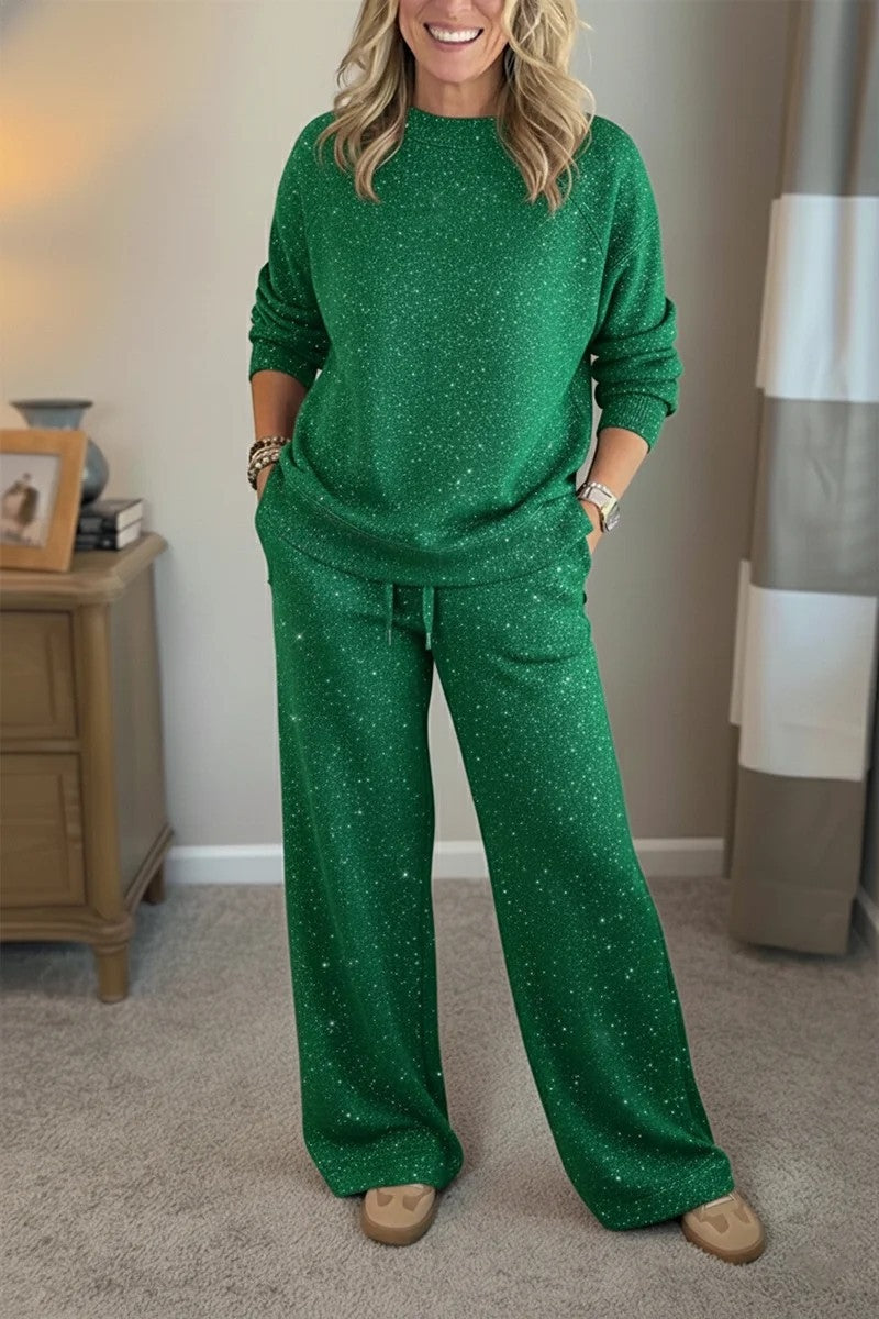 🎄 New Arrivals🔥 Cozy Travel Crew Neck Shiny Sweatshirt and Pant 2 Piece Sets