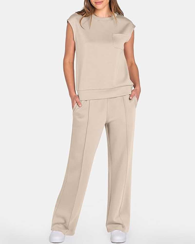 Women's Solid Tank Top & Drawstring Waist Wide Leg Pants Two-piece Set