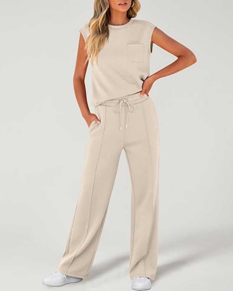 Women's Solid Tank Top & Drawstring Waist Wide Leg Pants Two-piece Set