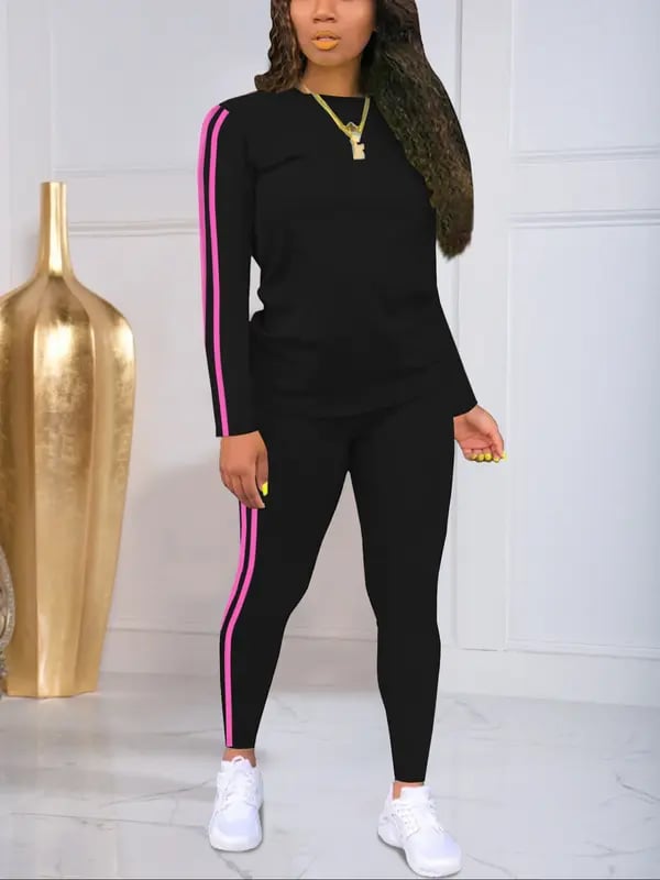 Women's Striped Print Long Sleeve Top & Pants Two-piece Set, Casual Fashion Cozy Round Neck Top & Trousers for Daily Outdoor Wear, Ladies Clothes [buy 2 Free Shipping]