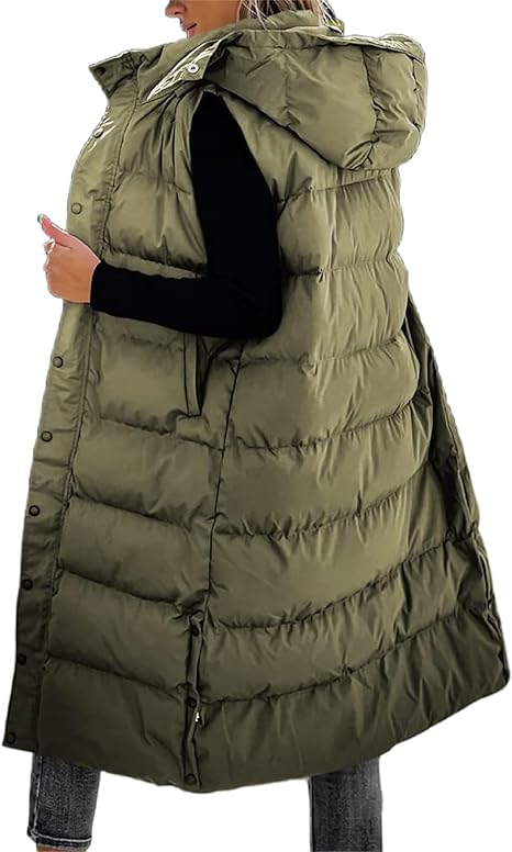Women's Long Puffer Vest | Quilted Hood & Button Closure ❄️