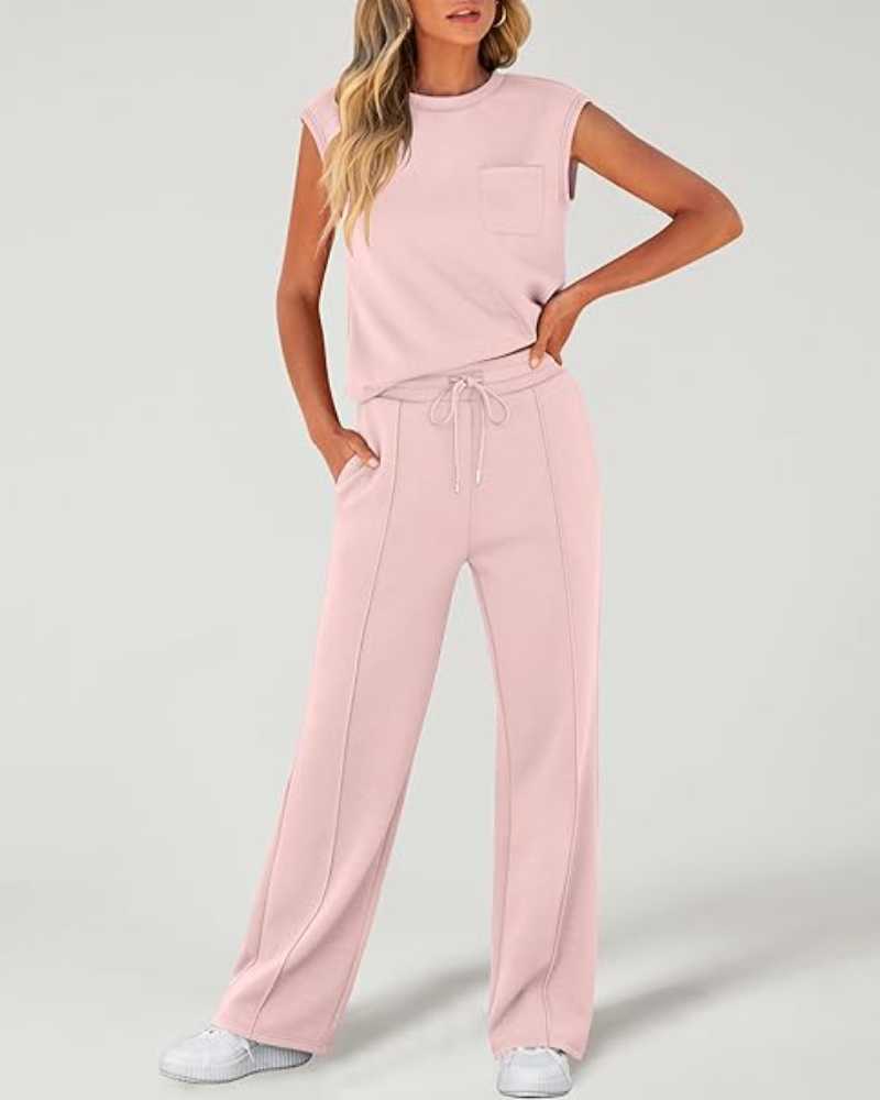 Women's Solid Tank Top & Drawstring Waist Wide Leg Pants Two-piece Set