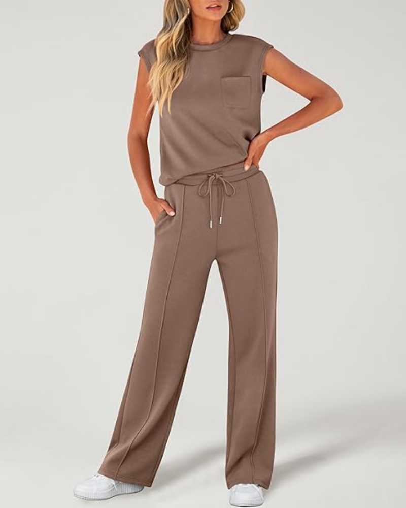 Women's Solid Tank Top & Drawstring Waist Wide Leg Pants Two-piece Set
