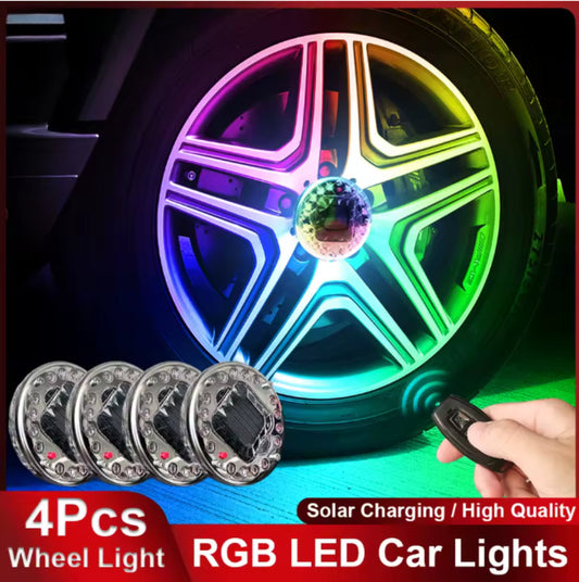 4PCS Universal RGB LED Car Wheel Hub Lights – Solar & Remote Control
