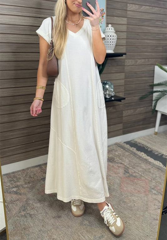 Damen Maxikleid mit kurzen Ärmeln und Taschen (2 kaufen, kostenloser Versand)