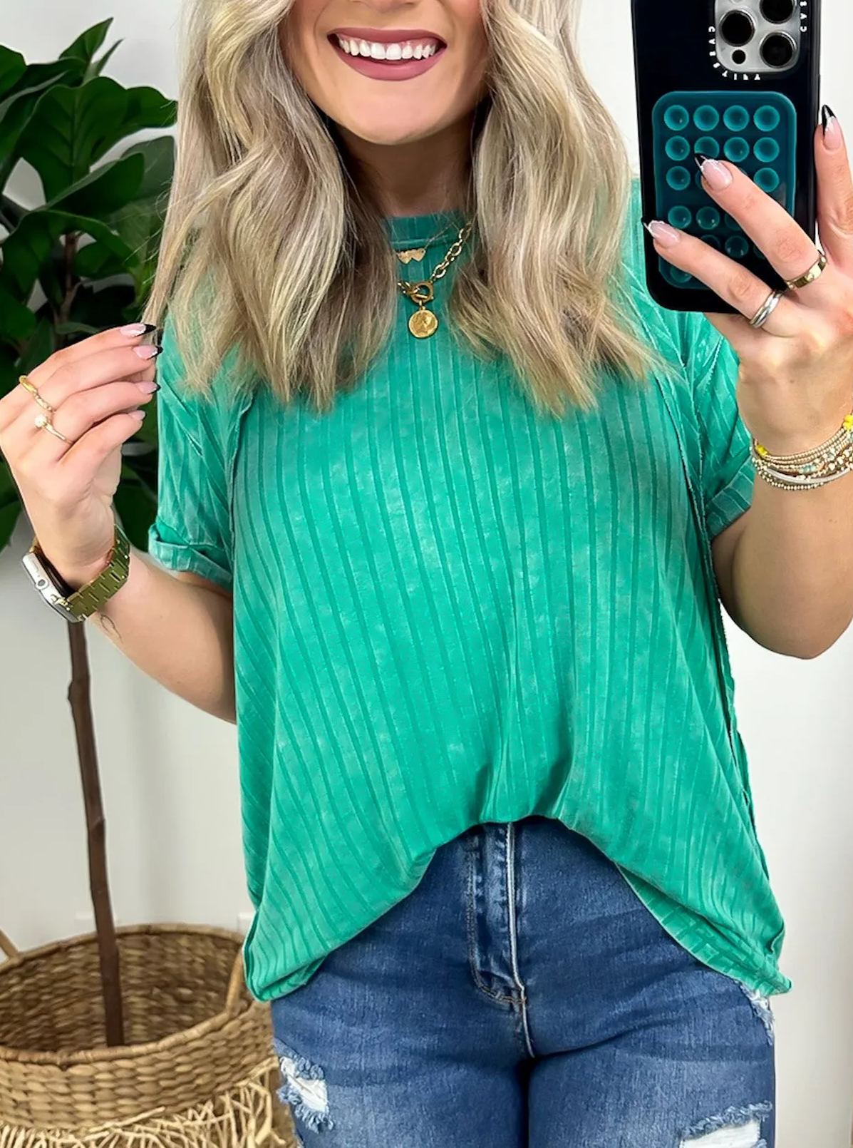 Damen-Slouchy-Geripptes-Mineral-Wash-T-Shirt (2 kaufen, kostenloser Versand)