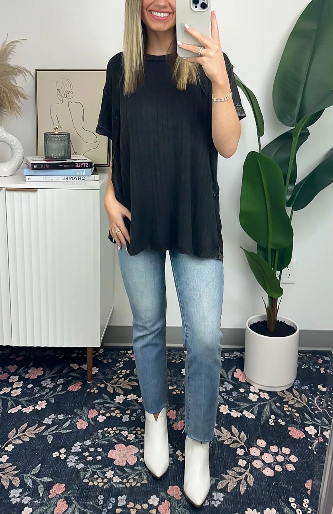 Damen-Slouchy-Geripptes-Mineral-Wash-T-Shirt (2 kaufen, kostenloser Versand)