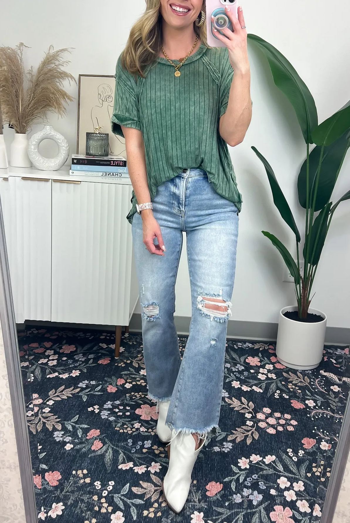 Damen-Slouchy-Geripptes-Mineral-Wash-T-Shirt (2 kaufen, kostenloser Versand)