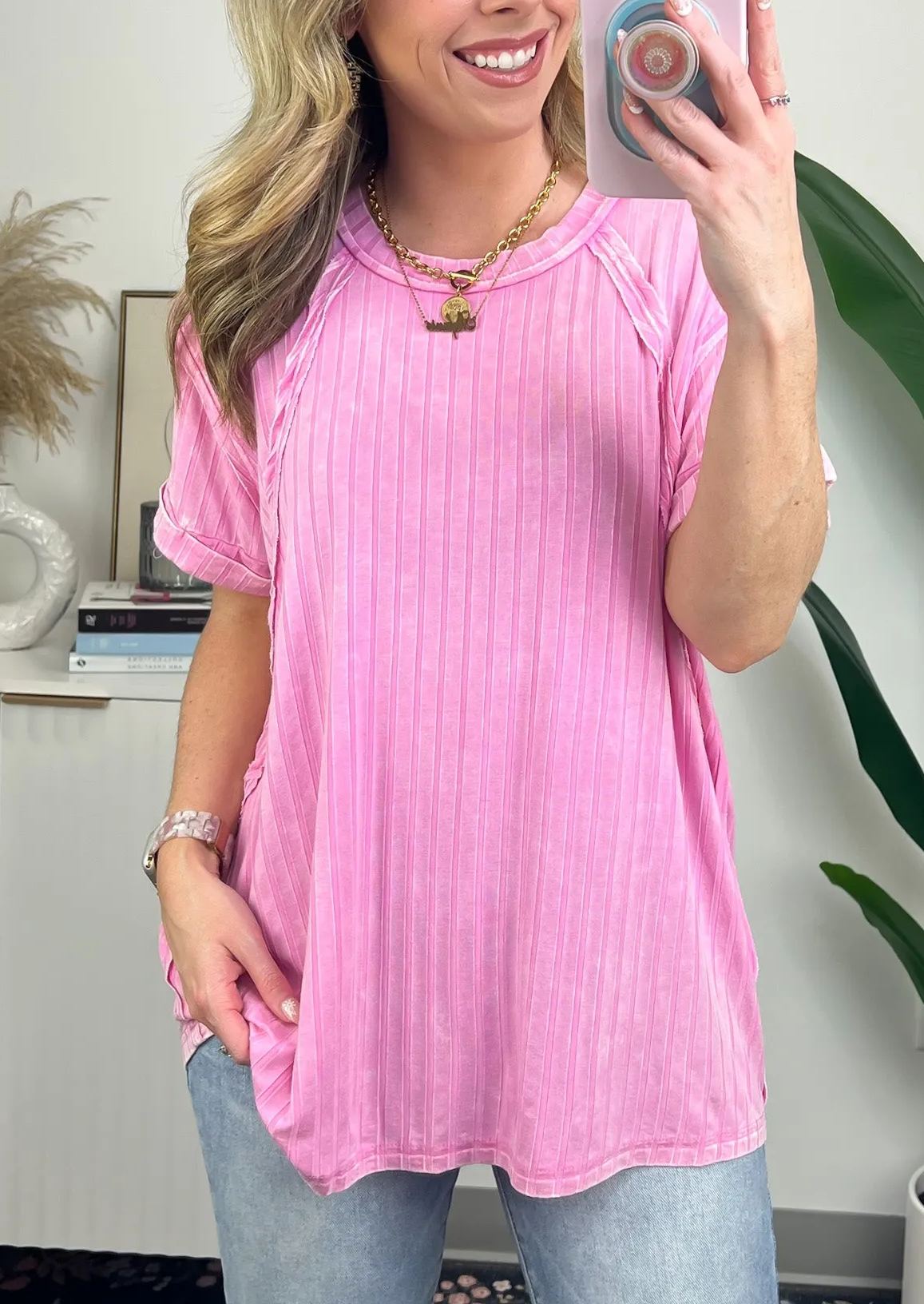 Damen-Slouchy-Geripptes-Mineral-Wash-T-Shirt (2 kaufen, kostenloser Versand)