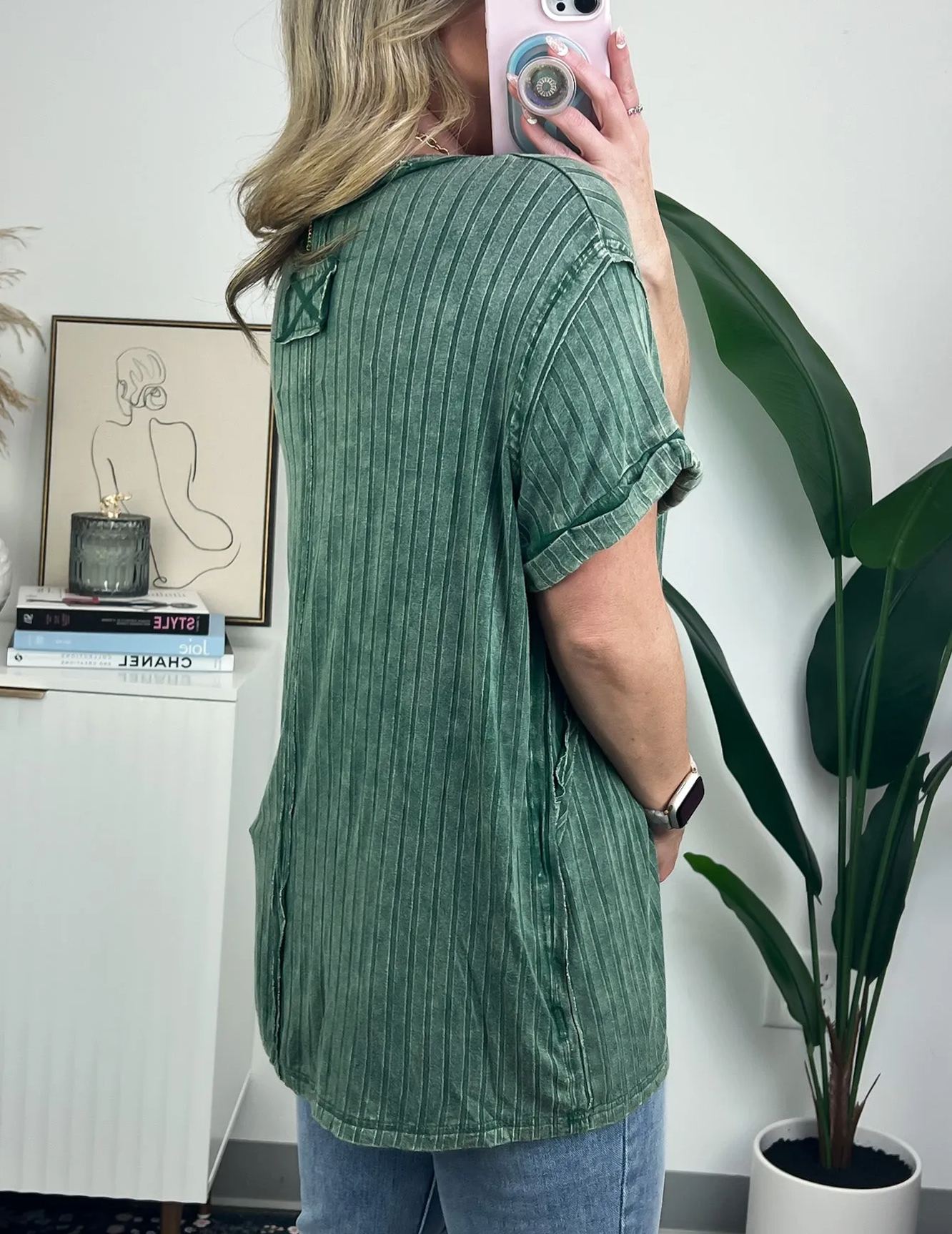 Damen-Slouchy-Geripptes-Mineral-Wash-T-Shirt (2 kaufen, kostenloser Versand)