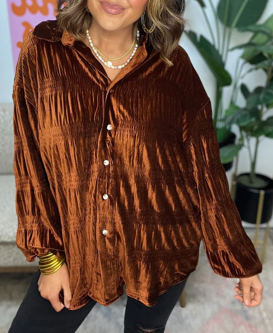 New  Women's Shirred Velvet Button Down Top (Buy 2 Free Shipping)