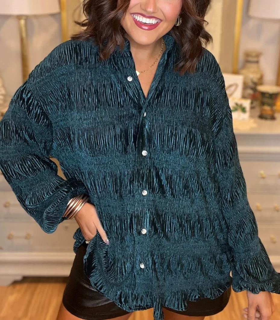 New  Women's Shirred Velvet Button Down Top (Buy 2 Free Shipping)