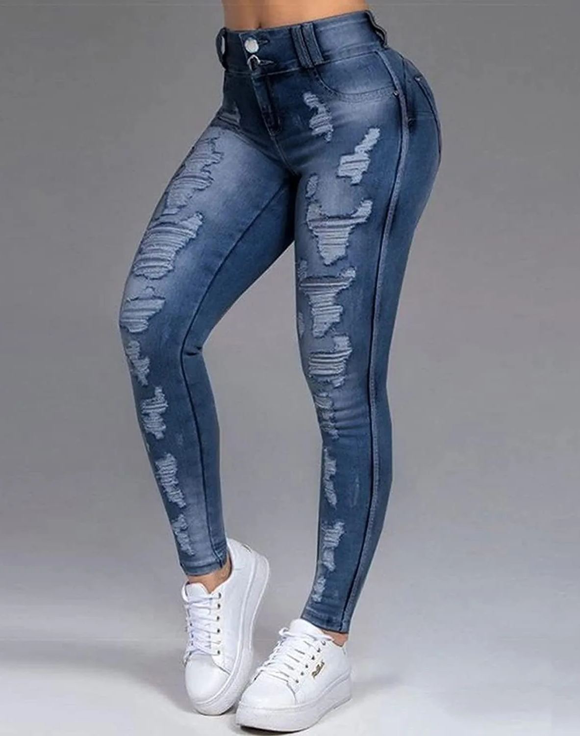 Doppelknopf-Ripped-Skinny-Stretch-Jeans