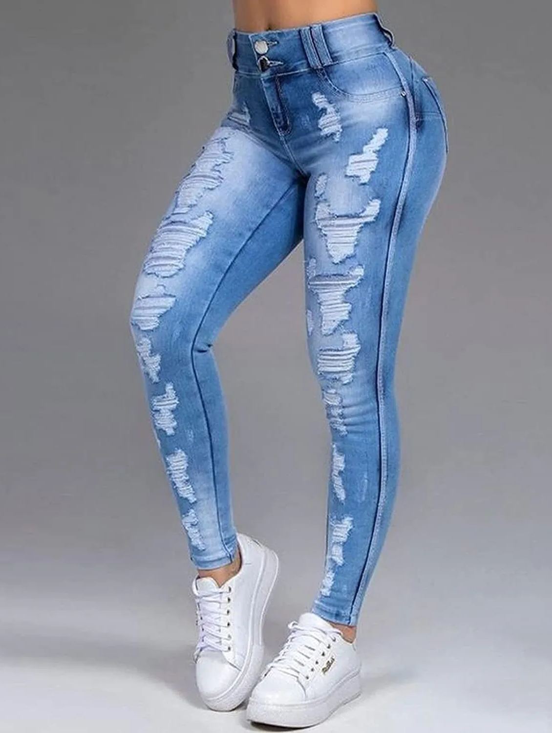 Doppelknopf-Ripped-Skinny-Stretch-Jeans