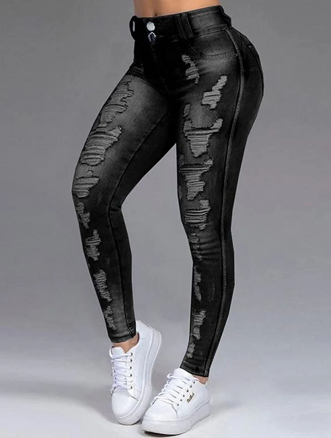 Doppelknopf-Ripped-Skinny-Stretch-Jeans