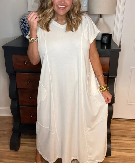Damen Maxikleid mit kurzen Ärmeln und Taschen (2 kaufen, kostenloser Versand)