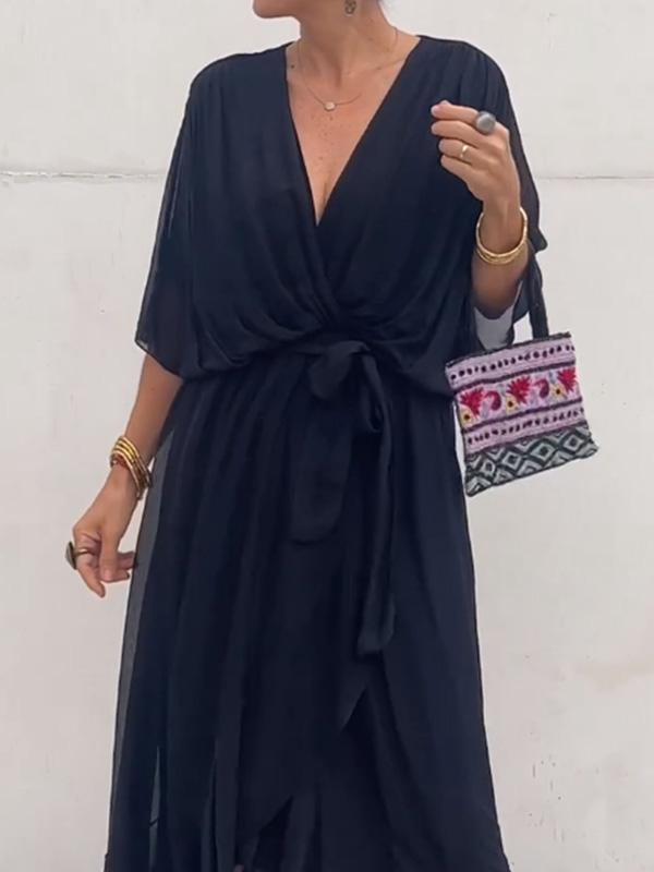 Elegant V-Neck Chiffon Dress – Flowy Summer & Occasion Wear
