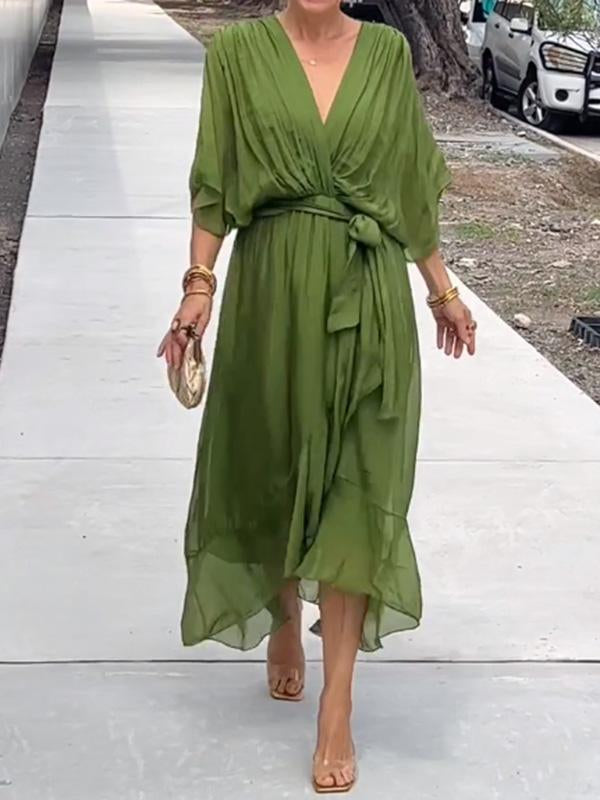 Elegant V-Neck Chiffon Dress – Flowy Summer & Occasion Wear