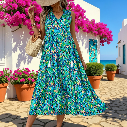 Models-Women's Sleeveless Abstract Print Tiered Midi Dress