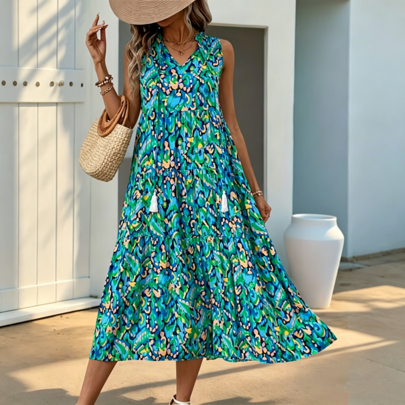 Models-Women's Sleeveless Abstract Print Tiered Midi Dress