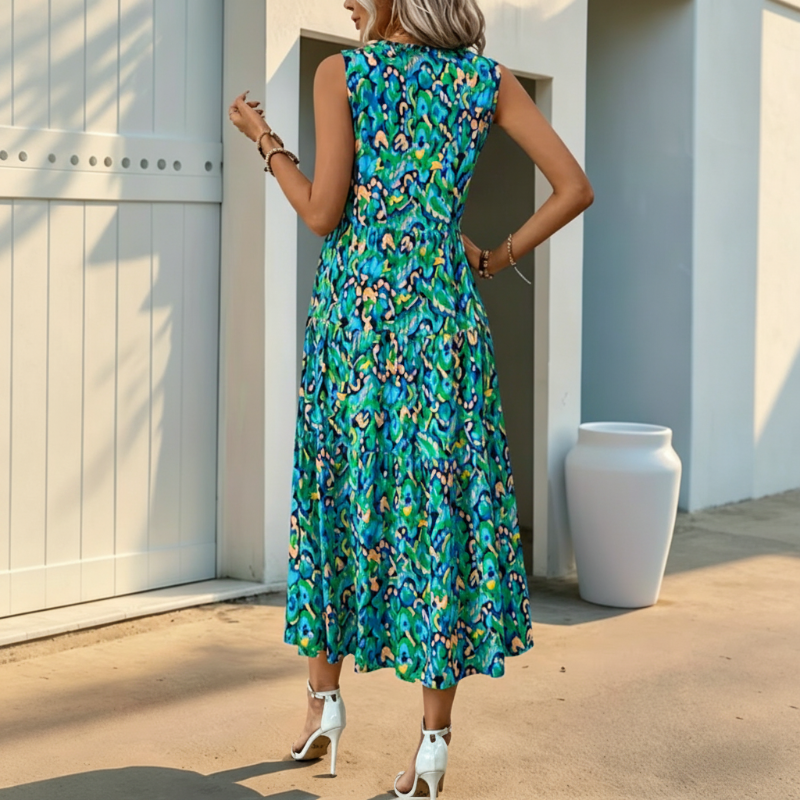 Models-Women's Sleeveless Abstract Print Tiered Midi Dress