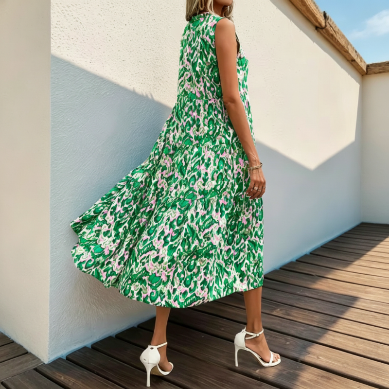 Models-Women's Sleeveless Abstract Print Tiered Midi Dress