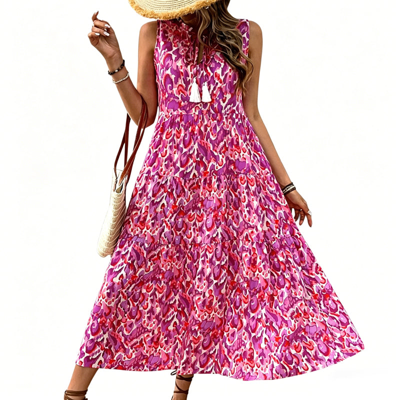 Models-Women's Sleeveless Abstract Print Tiered Midi Dress