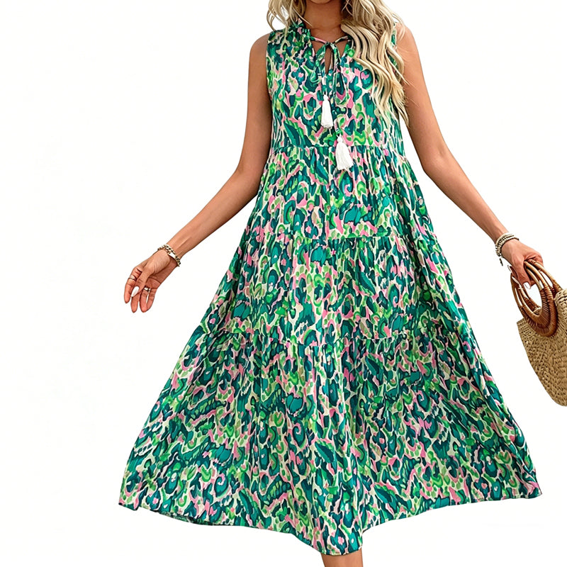 Models-Women's Sleeveless Abstract Print Tiered Midi Dress